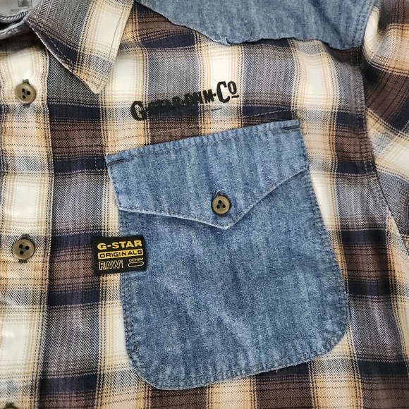 G-STAR RAW Plaid Denim Patch western  cowboy Shirt brown blue xxl - Picture 6 of 15